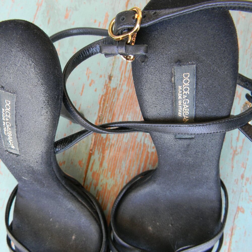 Dolce & Gabbana Black Strappy Leather High Heel Sandals with Gold Accent - Picture 3 of 9